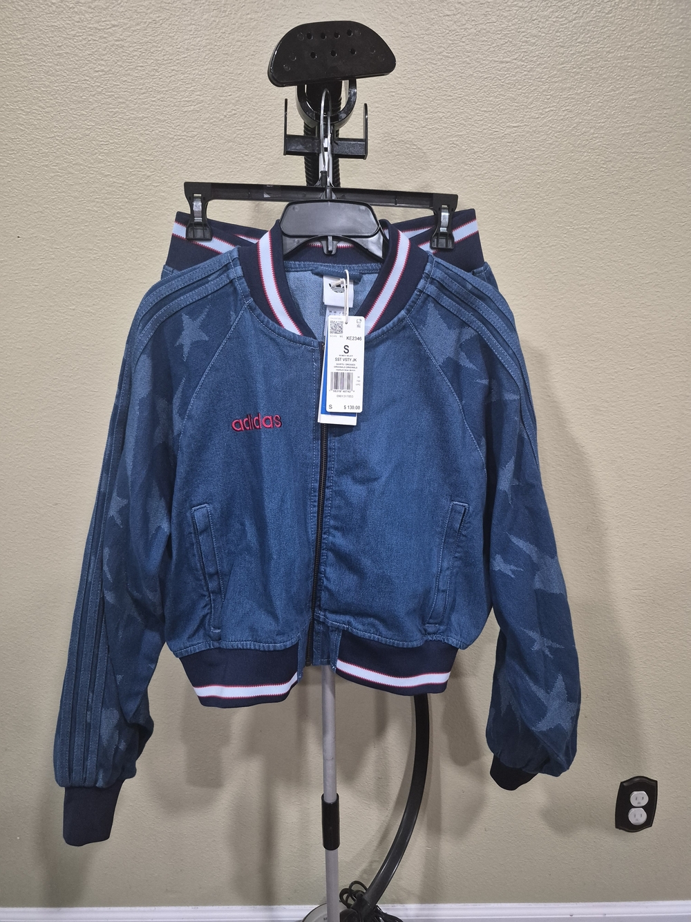 Adidas Women's SST Denim Varsity Bomber Jacket & Shorts Size S